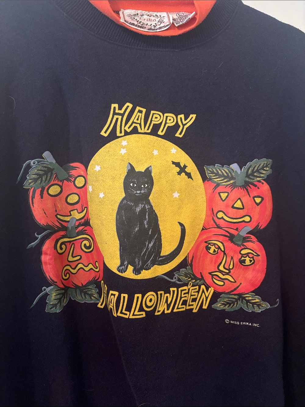 Vintage Miss Erika Happy Halloween Black Cat Sweatshirt with Orange Pumpkins - Picture 4 of 6